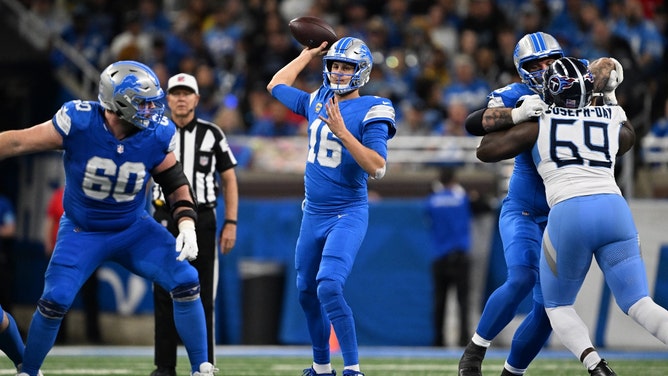 Detroit Lions QB Jared Goff throws a pass against the Tennessee Titans at Ford Field in NFL Week 8. (Lon Horwedel-Imagn Images)
