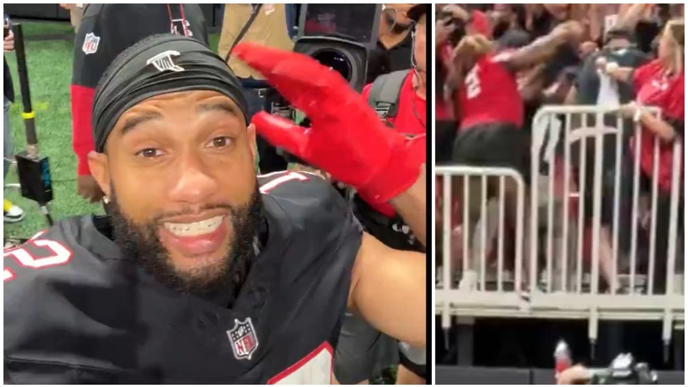 Two Falcons fans were pummeling each other as KhaDarel Hodge spoke after Atlanta's win over Tampa Bay. 