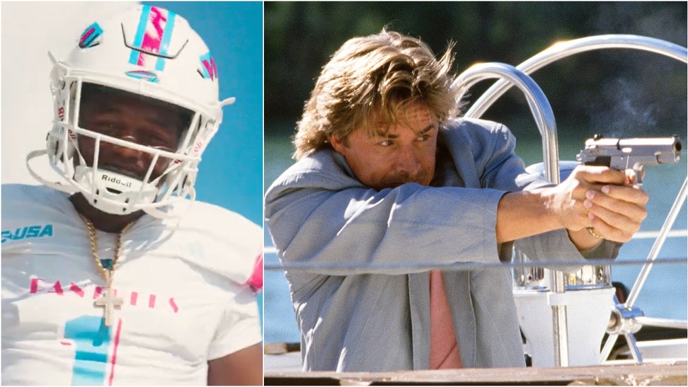 FIU unveils Miami Vice uniforms. (Credit: X video screenshot/https://x.com/FIUFootball/status/1841991626521985334 and Getty Images)