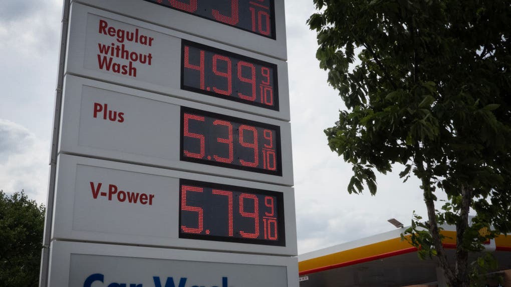 A sign displays gas prices at a gas station