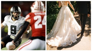 bride oregon wisconsin football game dress