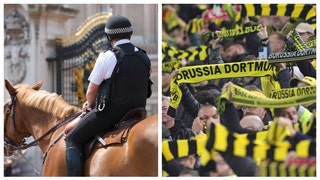 soccer fan trucked by a police horse while confronting rival fans