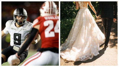 bride oregon wisconsin football game dress