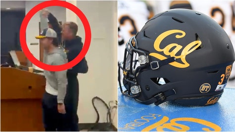 Cal honors equipment staffer Trevor Skogerboe for stopping thief. (Credit: Screenshot X Video/https://x.com/MWCherrington/status/1861439051502624857 and Getty Images)