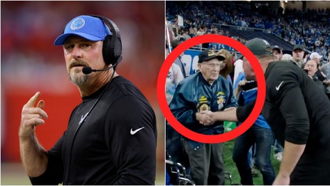 Detroit Lions head coach Dan Campbell honored WWII heroes before beating the Jaguars. Watch a video of the heartwarming moment. (Credit: Getty Images/X Video screenshot https://x.com/Lions/status/1859034380209119681)