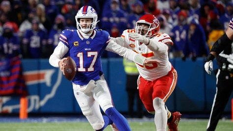 Buffalo Bills QB Josh Allen is caught from behind by Kansas City Chiefs DT Chris Jones during the 2024 AFC Divisional Round at Highmark Stadium in New York. (Jamie Germano/Rochester Democrat and Chronicle / USA TODAY NETWORK)

