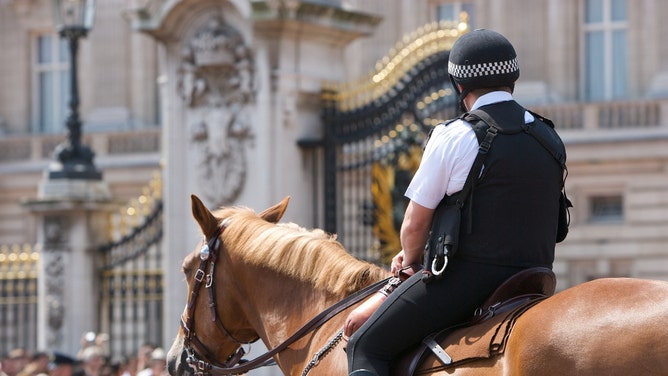 fanny pack wearing soccer fan police horse