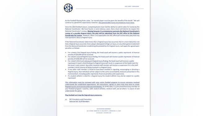 Here is the full memo from the SEC on faking of injuries