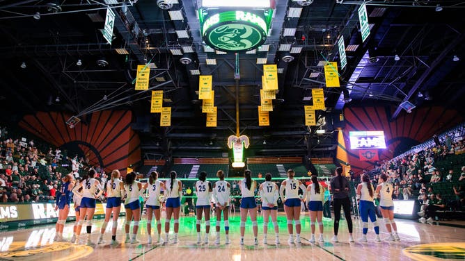 The San Jose State University Spartans, including transgender player Blaire Fleming, line up for the playing of the national anthem and player introductions for their NCAA Mountain West women’s volleyball game against the Colorado State University Rams in Fort Collins, Colo., on Thursday, Oct. 03, 2024.