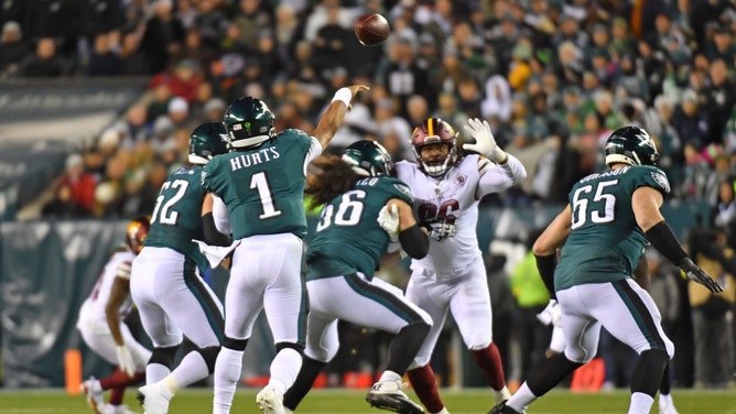 Philadelphia Eagles QB Jalen Hurts throws a pass vs. the Washington Commanders at Lincoln Financial Field. (Eric Hartline-USA TODAY Sports)