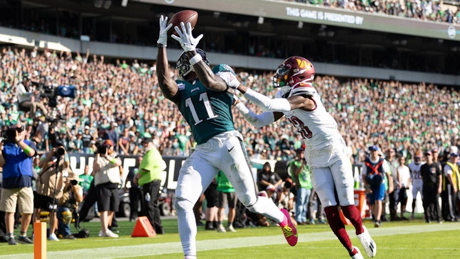 Eagles WR A.J. Brown catches a touchdown on Washington Commanders CB Emmanuel Forbes at Lincoln Financial Field in Philadelphia. (Bill Streicher-Imagn Images)