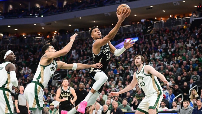 Milwaukee Bucks All-Star Giannis Antetokounmpo takes a layup vs. the Boston Celtics at Fiserv Forum. (Benny Sieu-Imagn Images)