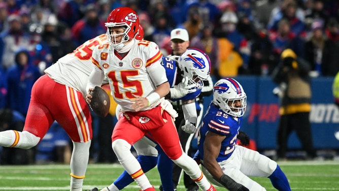 Kansas City Chiefs QB Patrick Mahomes scrambles against the Buffalo Bills in the 2024 AFC Divisional Game at Highmark Stadium. (Mark Konezny-USA TODAY Sports)