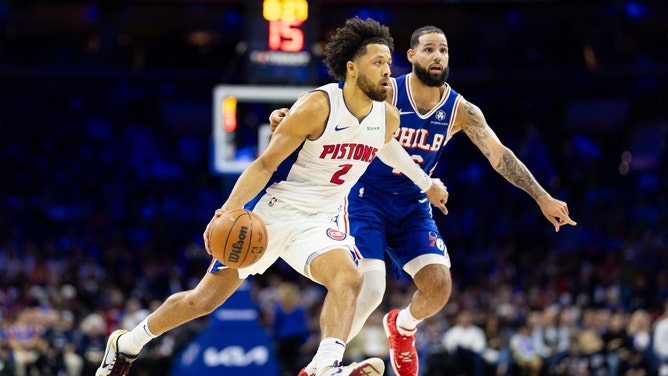 Detroit Pistons PG Cade Cunningham drives past the Philadelphia 76ers at Wells Fargo Center. (Bill Streicher-Imagn Images) 