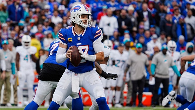 Buffalo Bills QB Josh Allen drops back to pass against the Miami Dolphins in NFL Week 9 at Highmark Stadium. (Tina MacIntyre-Yee/Democrat and Chronicle-USA TODAY NETWORK via Imagn Images)
