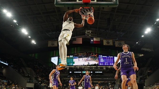 Baylor Bears guard VJ Edgecombe jams it vs. the Tarleton St. Texans at Paul and Alejandra Foster Pavilion. (Chris Jones-Imagn Images)