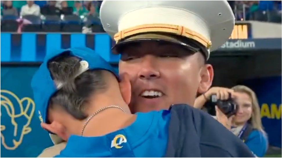 Marine pilot Justin Vega surprises son during halftime of Rams/Dolphins game. (Credit: Screenshot/ESPN Broadcast/X Video https://x.com/espn/status/1856169036855304483)