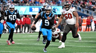 Carolina Panthers QB Bryce Young scrambles for a touchdown vs. the Tampa Bay Buccaneers in NFL Week 13 at Bank of America Stadium. (Bob Donnan-Imagn Images)