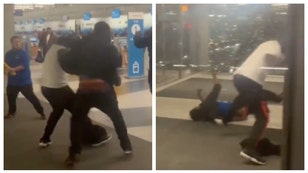 viral brawl chicago o'hare airport wet floor signs
