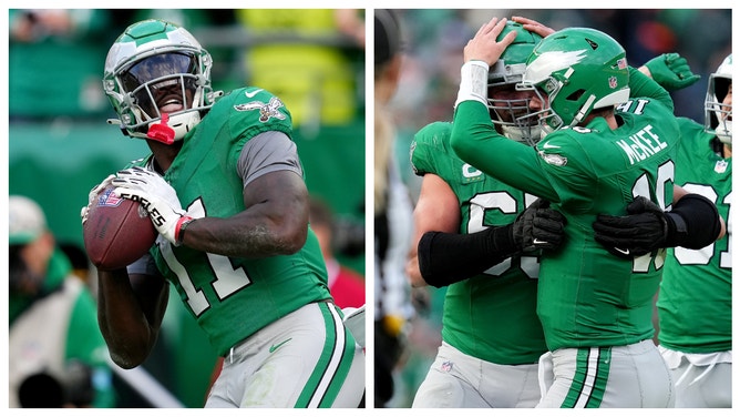 Philadelphia Eagles receiver AJ Brown caught the first TD pass of quarterback Tanner McKee's NFL career, and accidentally fired the ball into the stands.