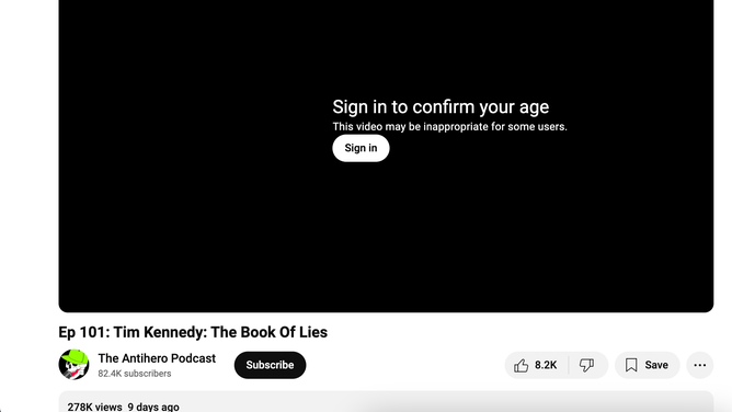 YouTube age restricts "AntiHero Podcast" episode about Tim Kennedy. (Credit: Screenshot/YouTube https://www.youtube.com/watch?v=9eWUh1LHAw8&rco=1)