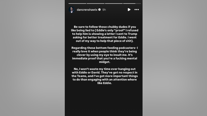 Dan Crenshaw responds to Instagram reel from The Antihero Podcast. (Credit: Dan Crenshaw/Instagram)