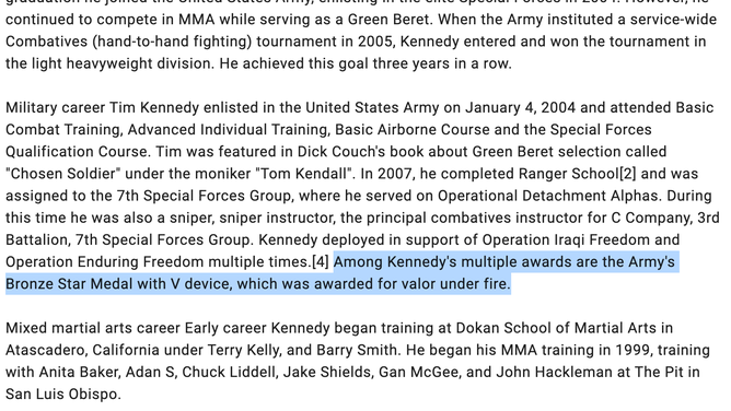 Tim Kennedy's IMDB bio claims he has "the Army's Bronze Star Medal with V device, which was awarded for valor under fire." (Credit: https://www.imdb.com/name/nm3164569/bio/?ref_=nm_ov_bio_sm)