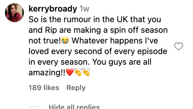 Kelly Reilly responds to fan asking about "Yellowstone" spinoff. (Credit: Beth Reilly/Instagram)