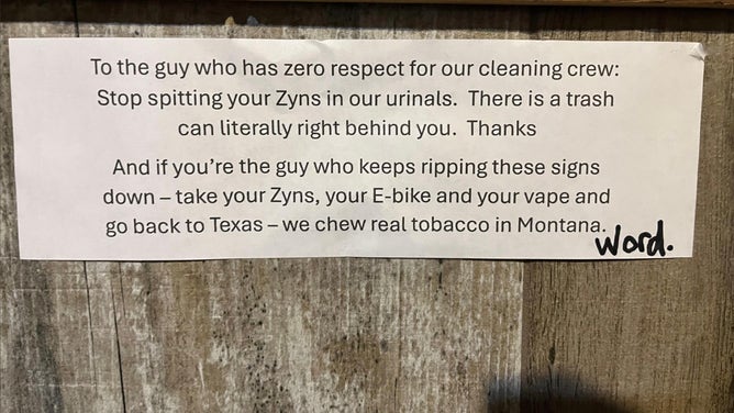 Montana saloon blasts people for spitting Zyn pouches in urinals. (Credit: Reddit/https://www.reddit.com/r/funny/comments/1h3u0xz/funny_sign_in_montana_saloon_restroom/ with permission from BigheadReddit)