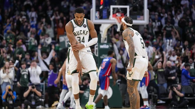 Milwaukee Bucks PF Giannis Antetokounmpo celebrates after scoring a basket in overtime vs. the Detroit Pistons at Fiserv Forum. (Jeff Hanisch-Imagn Images)