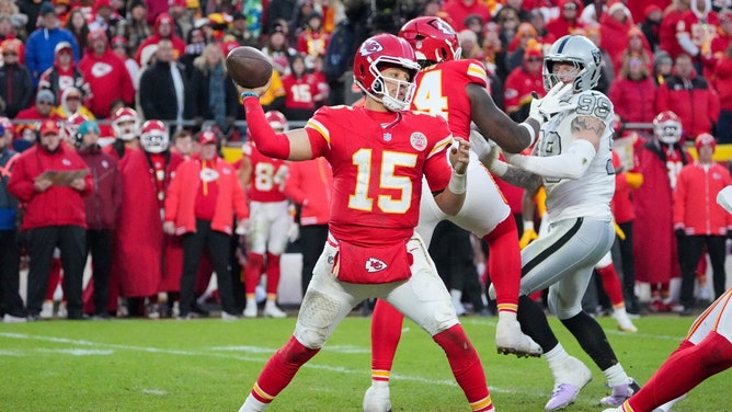 Kansas City Chiefs QB Patrick Mahomes throws a pass vs. the Las Vegas Raiders during the second half at GEHA Field at Arrowhead Stadium. (Denny Medley-Imagn Images)
