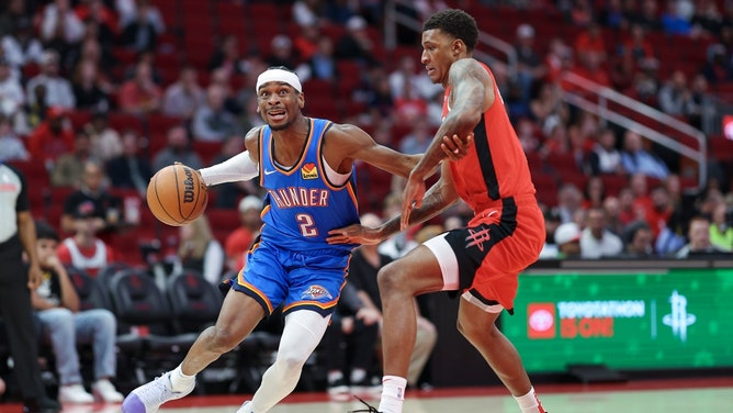 The Oklahoma City Thunder face the Houston Rockets in the 2024 NBA Cup Semifinals Saturday at T-Mobile Arena in Las Vegas. (Troy Taormina-Imagn Images)