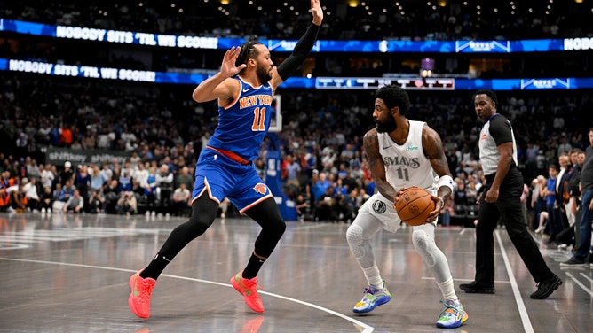 New York Knicks PG Jalen Brunson defends Dallas Mavericks SG Kyrie Irving at the American Airlines Center. (Jerome Miron-Imagn Images)