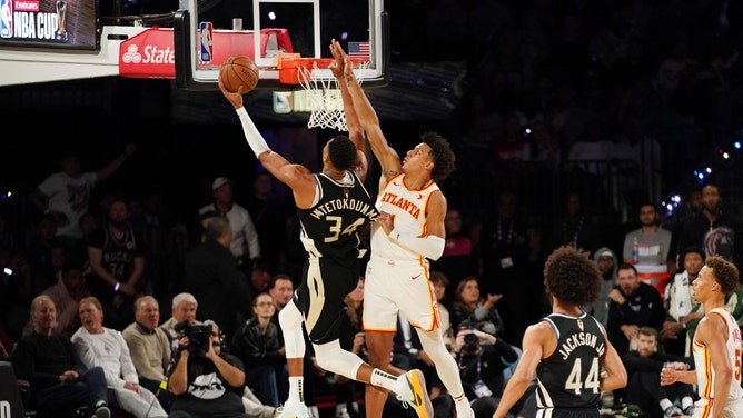 Milwaukee Bucks All-Star Giannis Antetokounmpo goes to the rack vs. the Atlanta Hawks in the semifinals of the 2024 Emirates NBA Cup at T-Mobile Arena in Las Vegas. (Kyle Terada-Imagn Images)