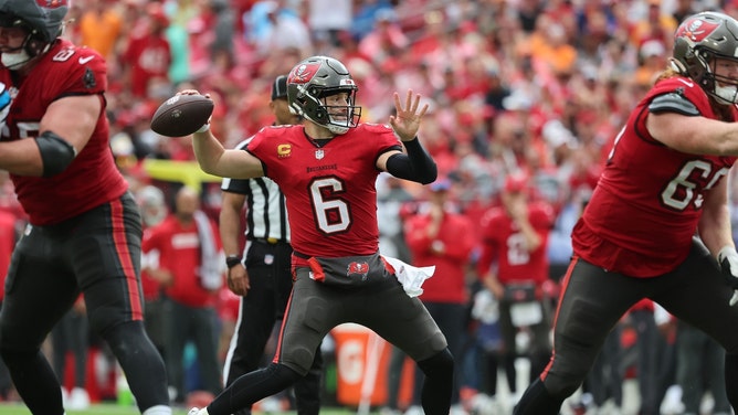 Tampa Bay Buccaneers QB Baker Mayfield throws the ball vs. the Carolina Panthers at Raymond James Stadium in Florida. (Kim Klement Neitzel-Imagn Images)