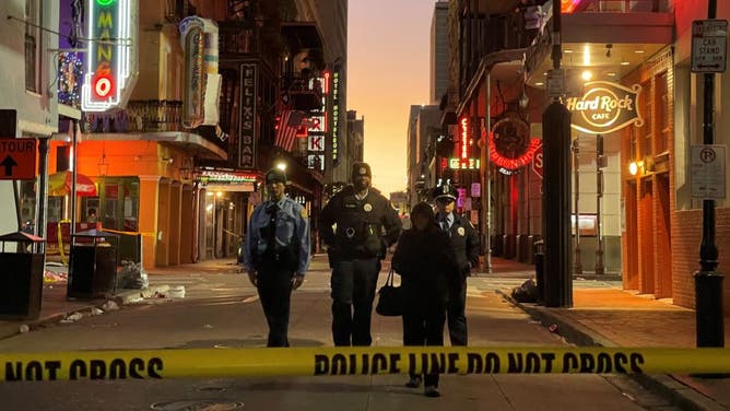 Police cordon off the area around the site of the overnight attack in the French Quarter of New Orleans, Louisiana, on January 1, 2025. 