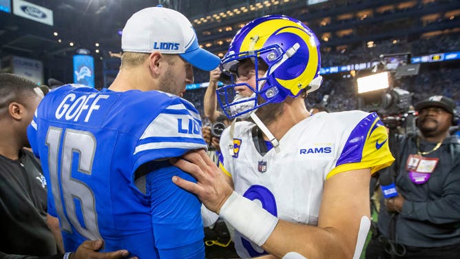 Detroit Lions quarterback Jared Goff and Los Angeles Rams quarterback Matthew Stafford greet each other after a 2024 NFC playoff game at Ford Field. 