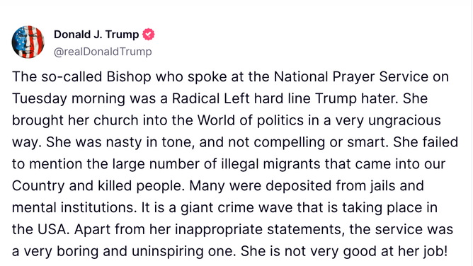 Donald Trump reacts to woke religious lecture. (Credit: Truth Social/Donald Trump)