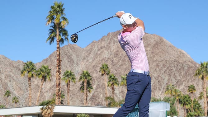 Matti Schmid tees off on the 11th hole at La Quinta Country Club during The American Express 2023. (Photo credit: Jay Calderon/The Desert Sun-USA TODAY NETWORK)