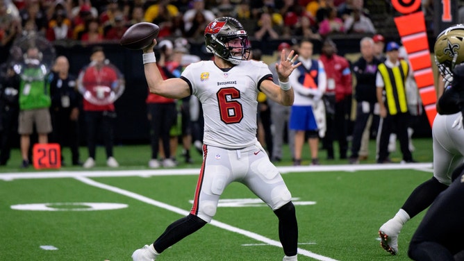 Tampa Bay Buccaneers QB Baker Mayfield delivers a pass against the New Orleans Saints at Caesars Superdome in NFL Week 6. (Photo credit: Matthew Hinton-Imagn Images)
