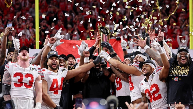 The Ohio State Buckeyes celebrates after beating the Notre Dame Fighting Irish in the 2024-25 College Football Playoff National Championship at Mercedes-Benz Stadium in Atlanta. (Photo Credit: Brett Davis-Imagn Images)