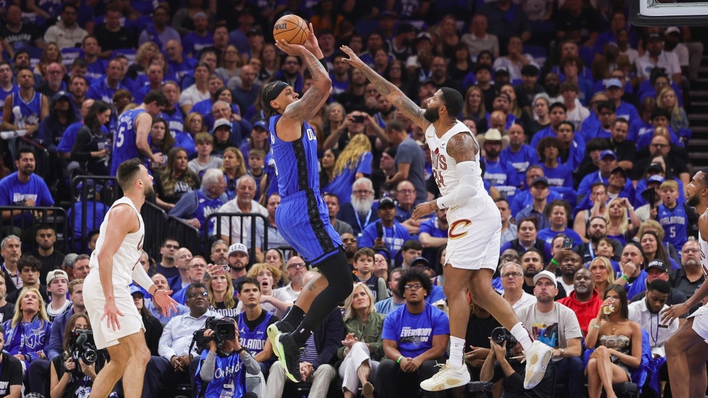 Orlando Magic forward Paolo Banchero shoots a fadeaway over the Cleveland Cavaliers during Game 6 in the first round of the 2024 NBA Eastern Conference playoffs at Kia Center. (Photo Credit: Mike Watters-USA TODAY Sports)
