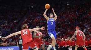 BYU Cougars PG Egor Demin shoots a floater over the Utah Utes at Jon M. Huntsman Center. (Photo credit: Rob Gray-Imagn Images)