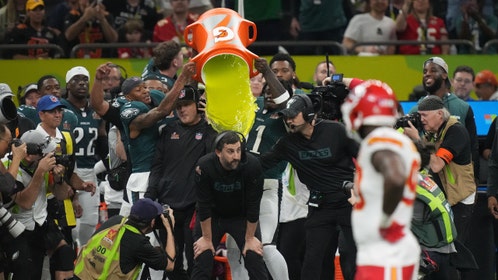 Philadelphia Eagles head coach Nick Sirianni gets the Gatorade bath after beating the Kansas City Chiefs in Super Bowl LIX at Caesars Superdome in New Orleans. (Photo credit: Kirby Lee-Imagn Images)