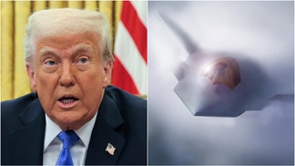 President Donald Trump unveils the F-47 fighter jet. (Credit: Anna Moneymaker/Getty Images and United States Air Force rendering/Public Domain)