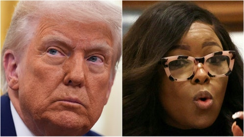 Congresswoman Jasmine Crockett shared a bizarre message after President Donald Trump's speech. Watch a video of her comments. (Credit: Andrew Harnik/Getty Images and ALEX WROBLEWSKI/AFP via Getty Images)