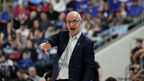 Connecticut coach Dan Hurley reacts during his team's loss to Florida in the second round of the NCAA Tournament. 