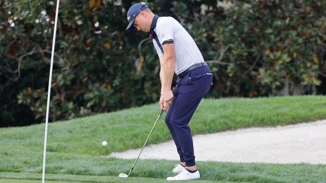 Justin Thomas chips onto the green during the 2024 Arnold Palmer Invitational at Bay Hill Club & Lodge in Orlando, Florida. (Photo credit: Reinhold Matay-Imagn Images)