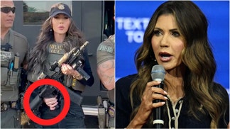 Secretary of Homeland Security Kristi Noem didn't appear to know how to hold a rifle in a video going viral. Watch the video. (Credit: Kristi Noem official government account/public domain/https://x.com/Sec_Noem/status/1909626948424548539 and Photo by JIM WATSON/AFP via Getty Images))