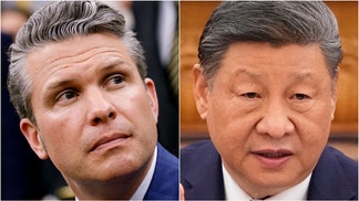 Pete Hegseth sends clear warning to China. (Photo by Kevin Dietsch/Getty Images and Photo by Ken Ishii - Pool/Getty Images)